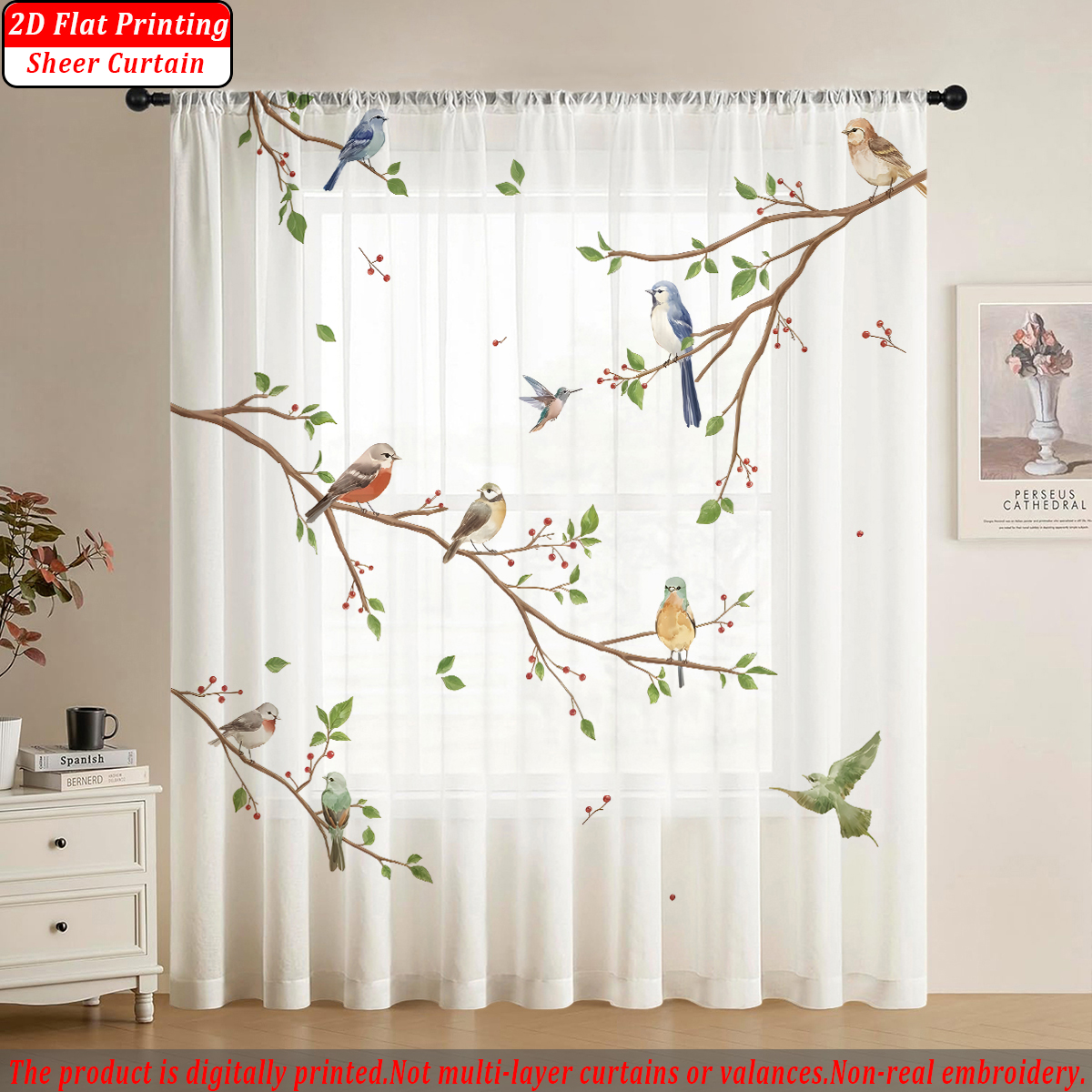 Home Textiles Products - Branches Flying Birds Flat Printing Sheer